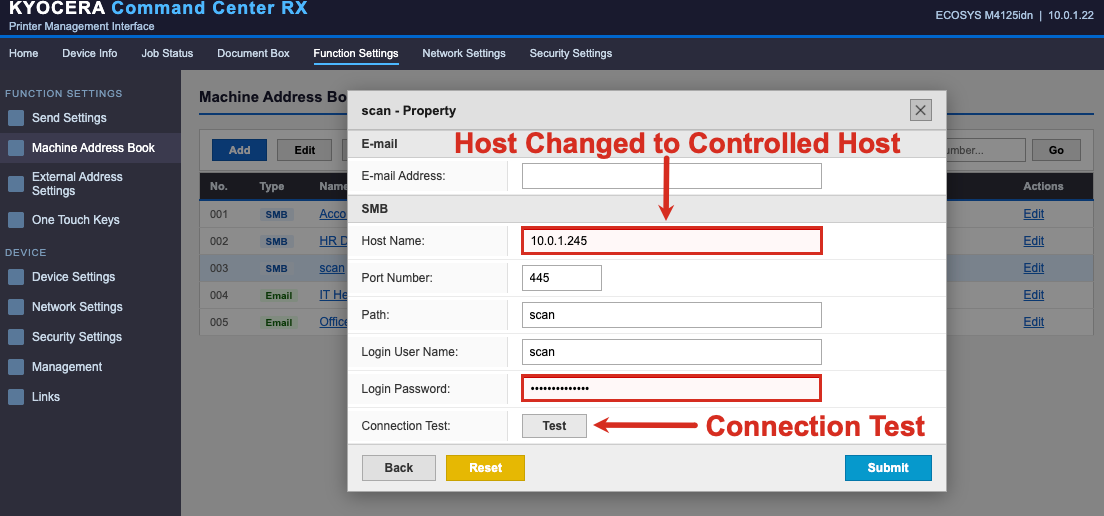 Kyocera SMB scan address book entry showing stored domain credentials