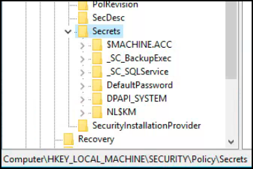 Registry Editor showing HKLM\SECURITY\Policy\Secrets with service account entries visible