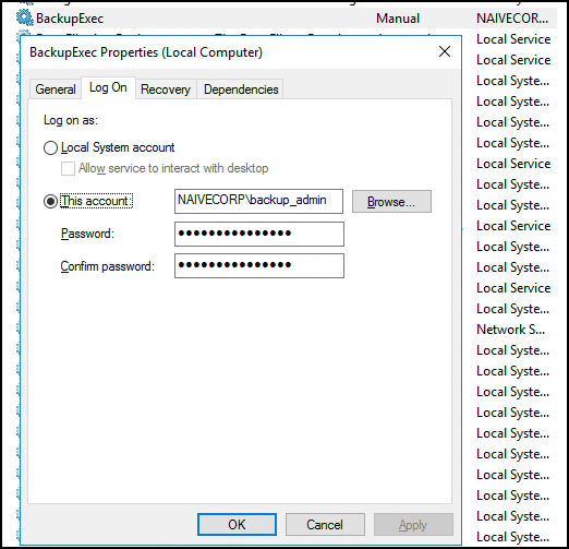 Windows service configured to run as a domain account, storing the password in LSA secrets