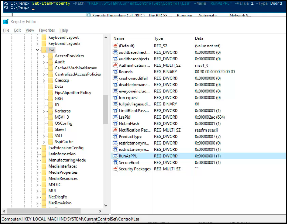 Registry Editor showing RunAsPPL enabled under HKLM\SYSTEM\CurrentControlSet\Control\Lsa