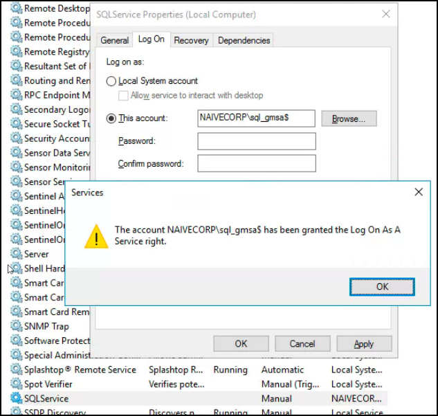 Service reconfigured to use gMSA with Install-ADServiceAccount and Test-ADServiceAccount returning True