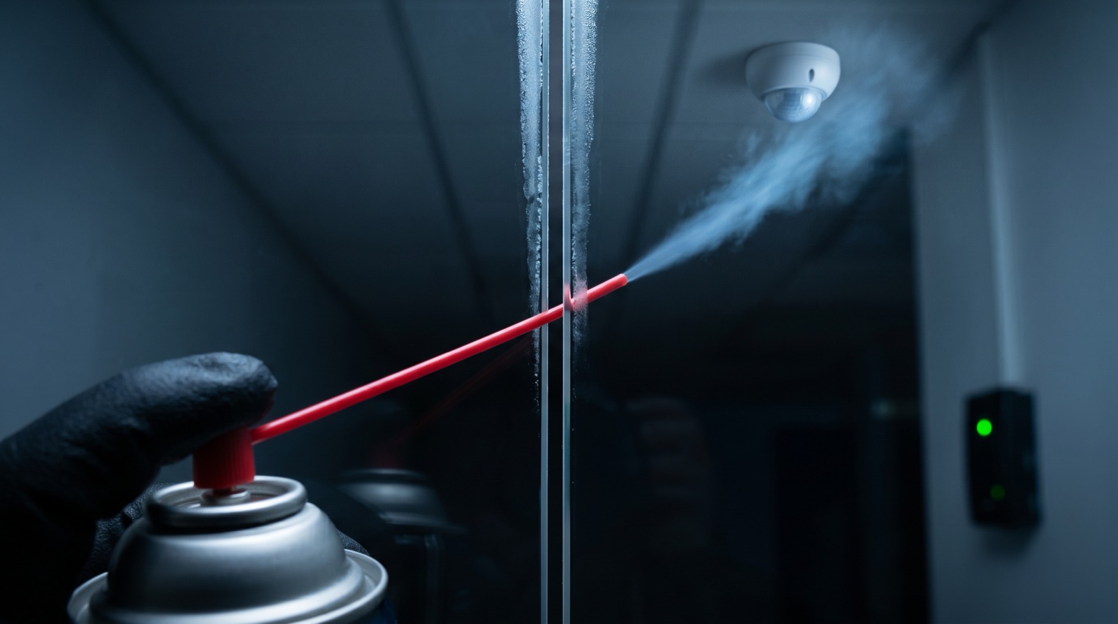 Attacker using inverted canned air with red straw through gap in tempered glass sidelight to trigger a PIR REX sensor on the far side of the door