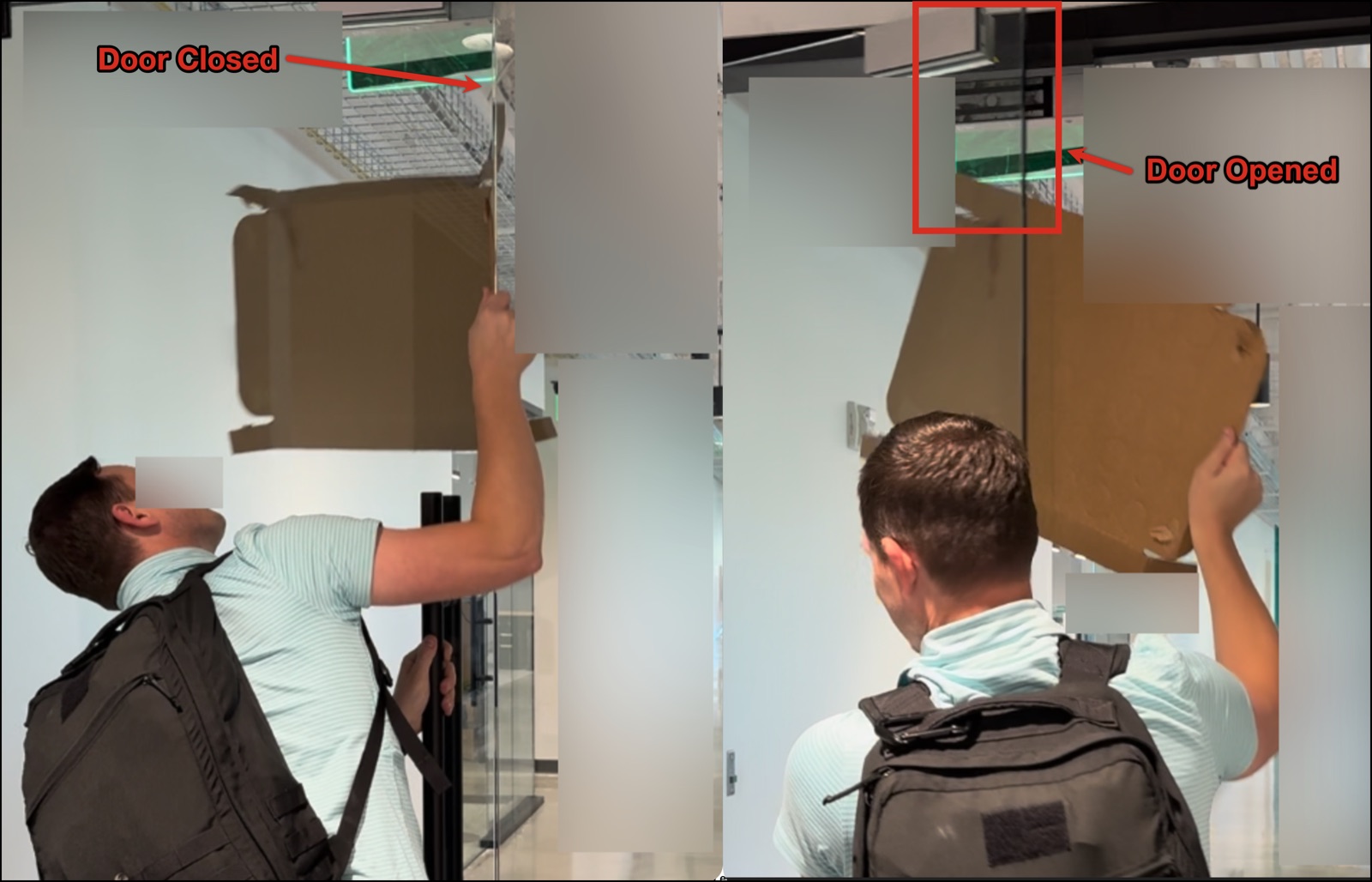 Piece of cardboard inserted through the door-to-glass gap, moving slowly within the REX sensor's detection zone on the interior side